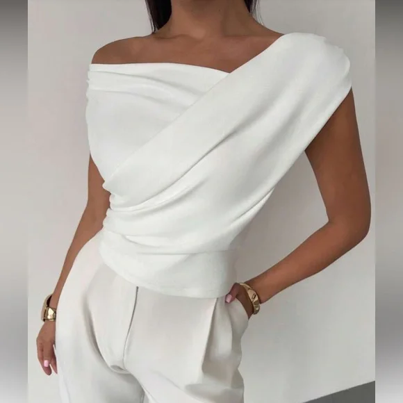 Elegant White Off-Shoulder Asymmetrical Neck Blouse